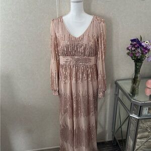 R&M Richards Rose Gold Sequin Long Sleeve V-Neck Gown